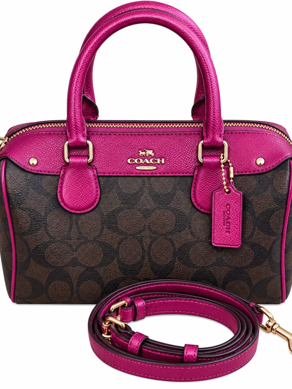 Coach Brown Signature Satchel with Fuchsia Trim